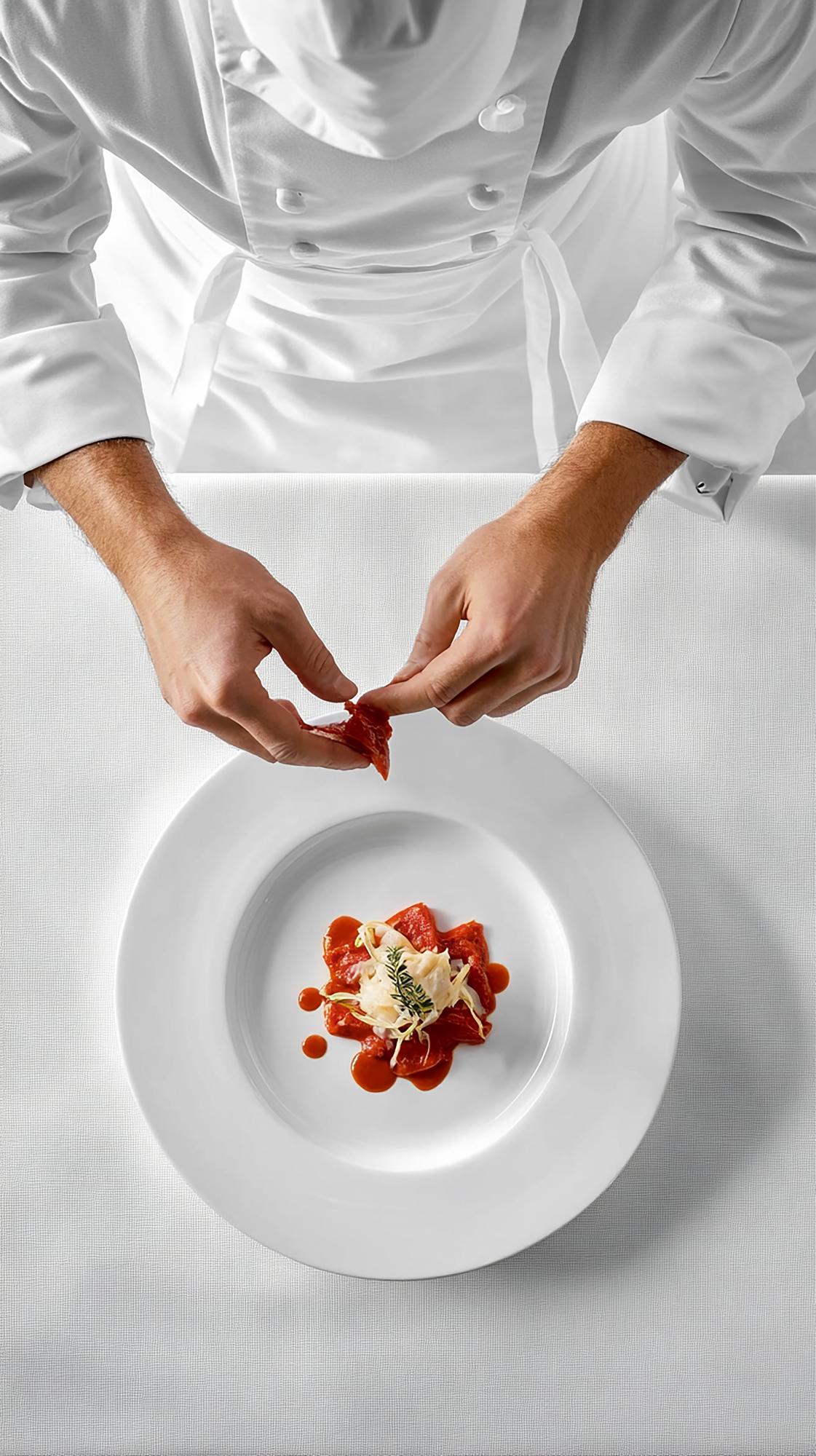 Chef plating a modern dish in workshop
